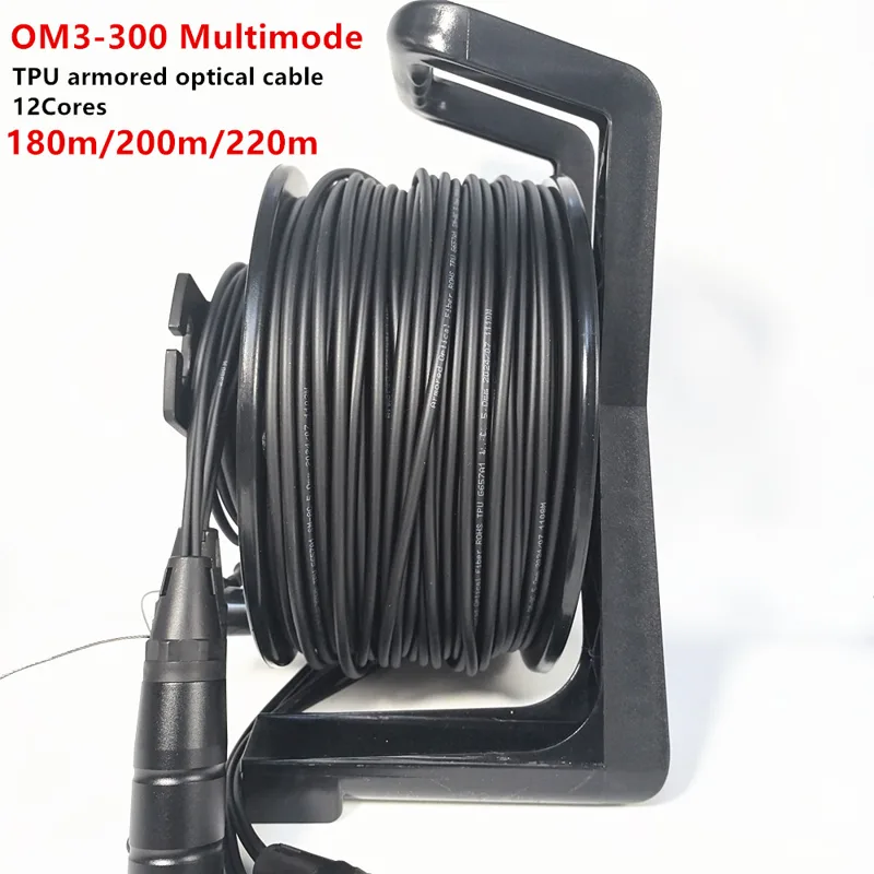 Reel Cover - OM3 Multimode,12Cores,สายเคเบิลไฟเบอร์ออปติกหุ้มเกราะTPU,สายเคเบิลกลางแจ้ง,LC SC UPC,พร้อม PCD310 Reelและฝาครอบป้องกัน,180M,200M,220M