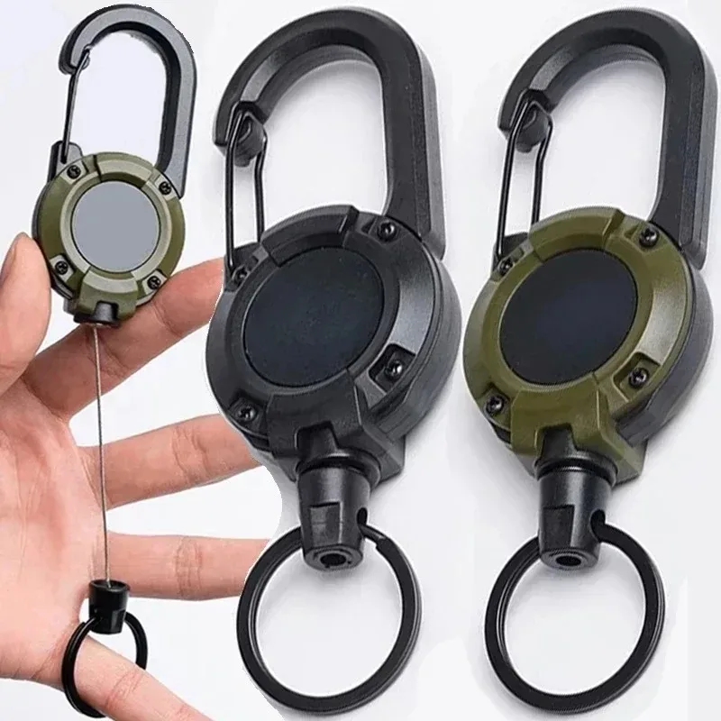 Conventional Reel - พวงกุญแจแบบดึงกลับได้ แข็งแรงทนทาน พร้อมสายสลิงเหล็ก คาราบิเนอร์ ห่วงคล้องกุญแจแบบสปริง สำหรับกิจกรรมกลางแจ้ง