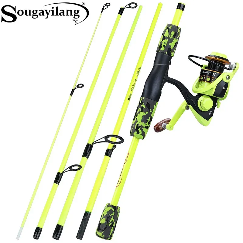Spincast Reel - ชุดคันเบ็ดตกปลาพกพา Sougayilang แบบ 5 ท่อน สีแดง/เหลือง