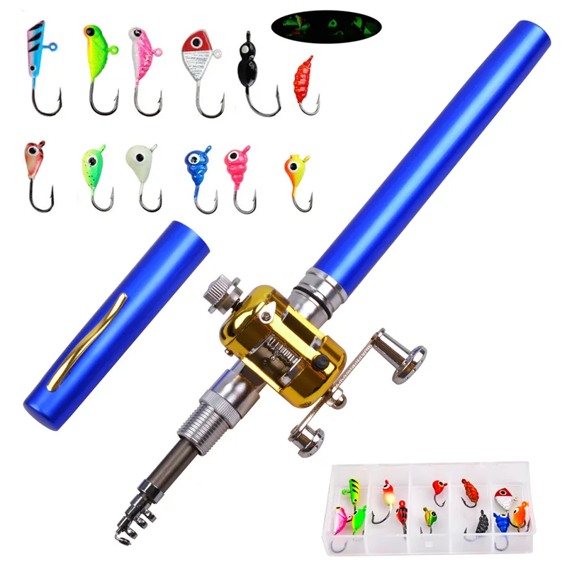 Ice Fishing Reel - เบ็ดตกปลาน้ำแข็งขนาดเล็กพร้อมเหยื่อตกปลาแบบพกพา12ชิ้นเบ็ดตกปลาและรอกทำน้ำแข็งขนาดพกพา